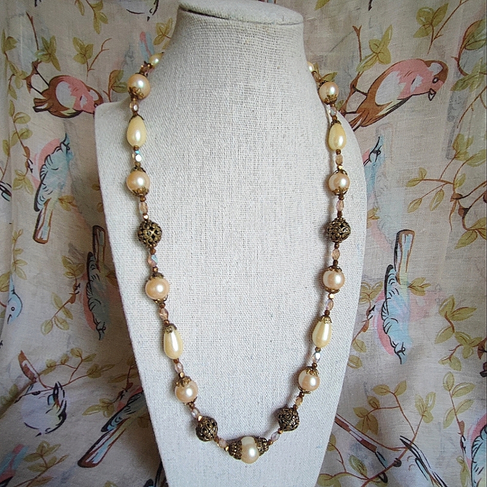 Faux Round Teardrop Pearls Filigree Brass Filigree Beads Vintage Necklace